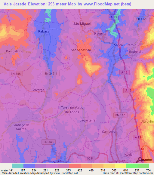 Vale Jazede,Portugal Elevation Map
