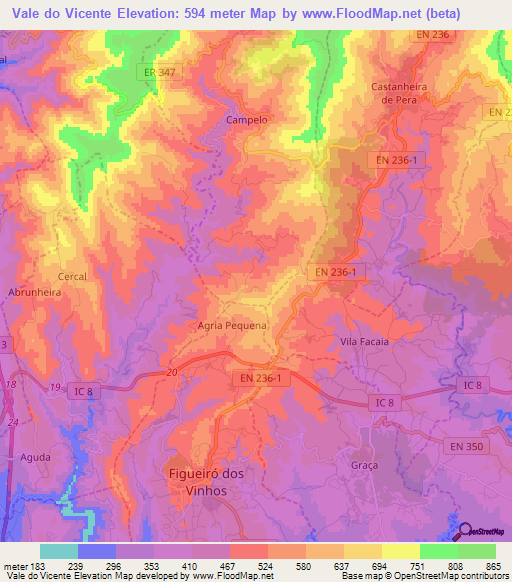Vale do Vicente,Portugal Elevation Map
