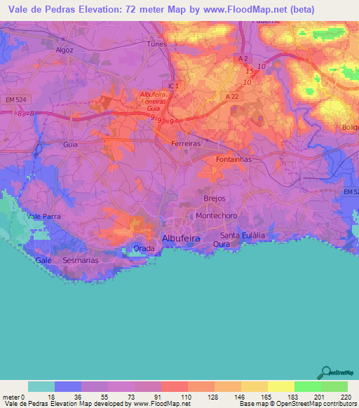 Vale de Pedras,Portugal Elevation Map