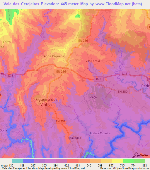 Vale das Cerejeiras,Portugal Elevation Map
