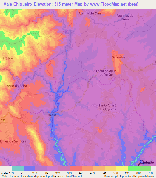 Vale Chiqueiro,Portugal Elevation Map