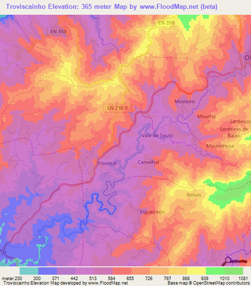 Troviscainho,Portugal Elevation Map