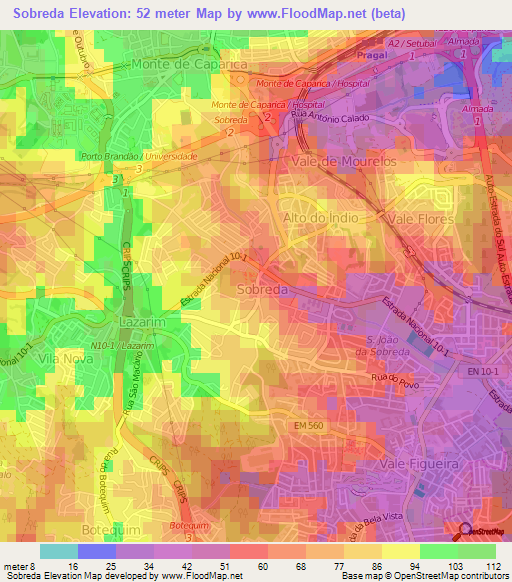 Sobreda,Portugal Elevation Map