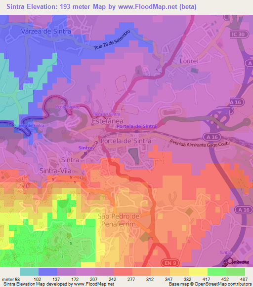 Sintra,Portugal Elevation Map