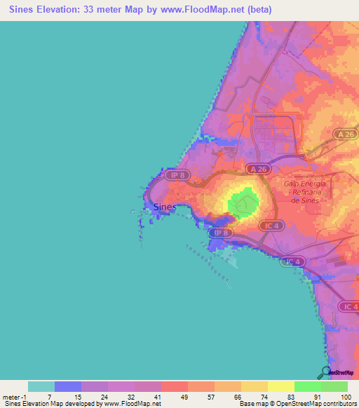 Sines,Portugal Elevation Map