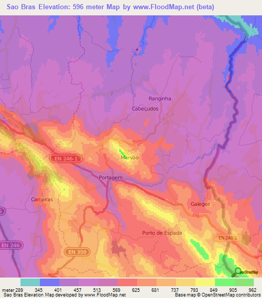Sao Bras,Portugal Elevation Map