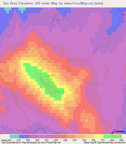Sao Bras,Portugal Elevation Map