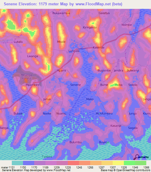 Senene,Uganda Elevation Map