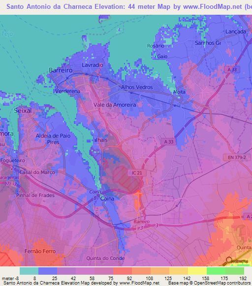 Santo Antonio da Charneca,Portugal Elevation Map