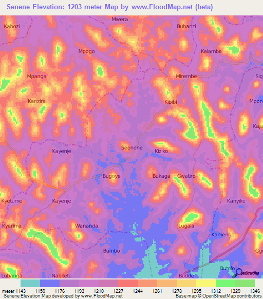 Senene,Uganda Elevation Map