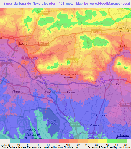 Santa Barbara de Nexe,Portugal Elevation Map