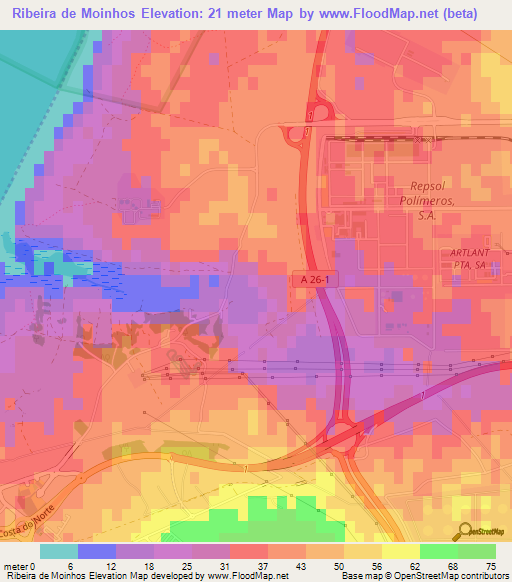 Ribeira de Moinhos,Portugal Elevation Map