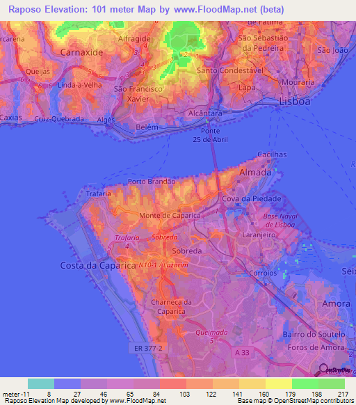 Raposo,Portugal Elevation Map