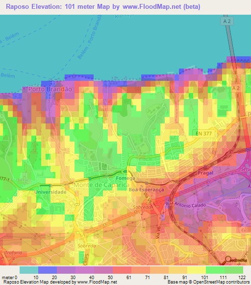 Raposo,Portugal Elevation Map