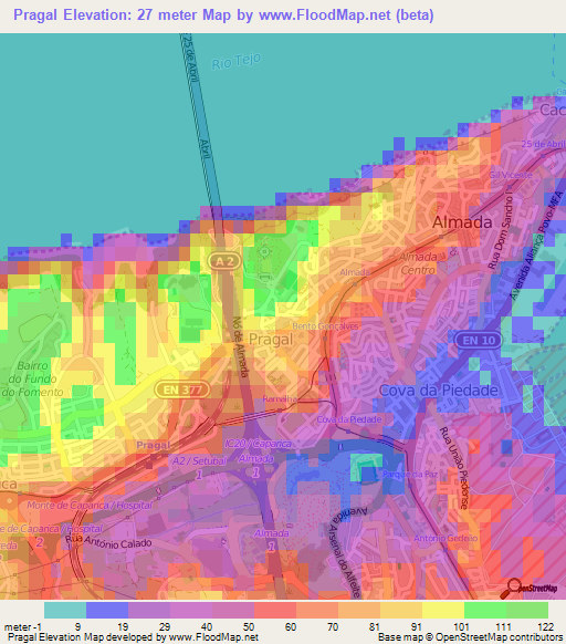 Pragal,Portugal Elevation Map