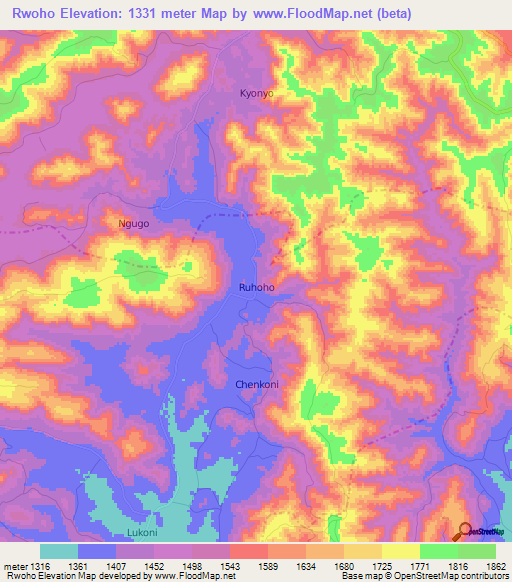 Rwoho,Uganda Elevation Map