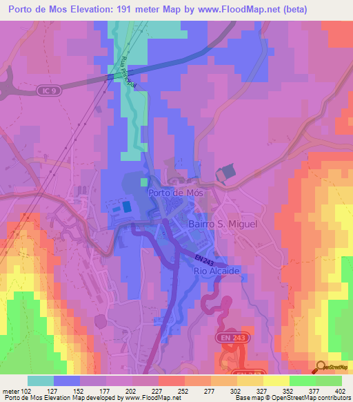 Porto de Mos,Portugal Elevation Map