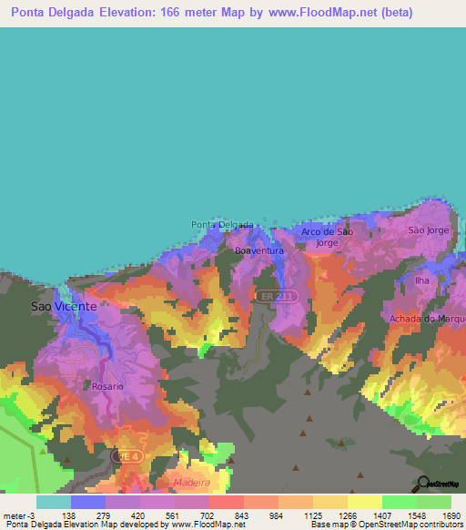 Ponta Delgada,Portugal Elevation Map