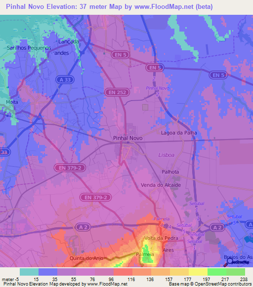 Pinhal Novo,Portugal Elevation Map