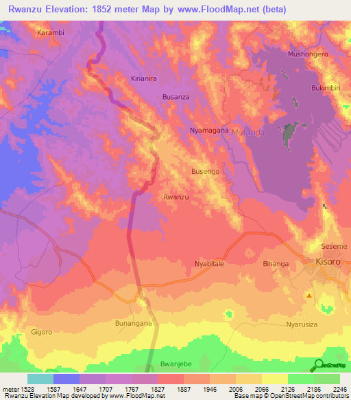 Rwanzu,Uganda Elevation Map