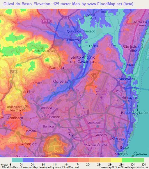 Olival do Basto,Portugal Elevation Map