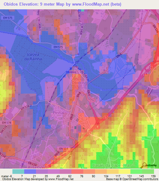 Obidos,Portugal Elevation Map