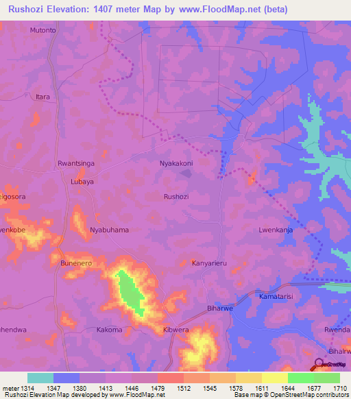 Rushozi,Uganda Elevation Map
