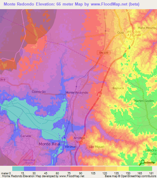 Monte Redondo,Portugal Elevation Map