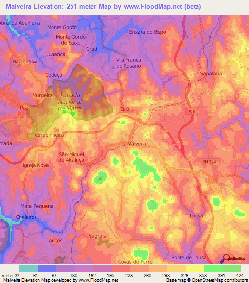Malveira,Portugal Elevation Map