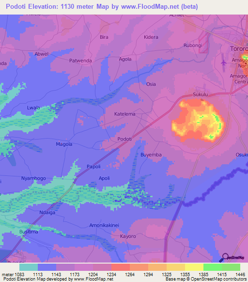 Podoti,Uganda Elevation Map