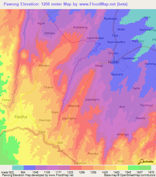 Pawong,Uganda Elevation Map