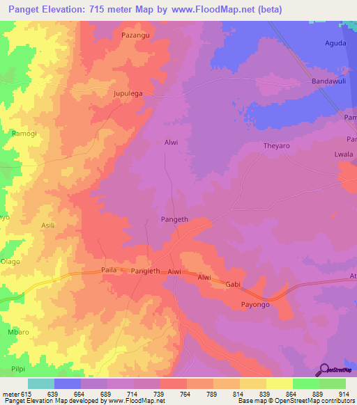 Panget,Uganda Elevation Map