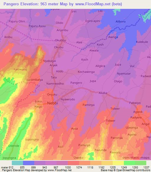 Pangero,Uganda Elevation Map