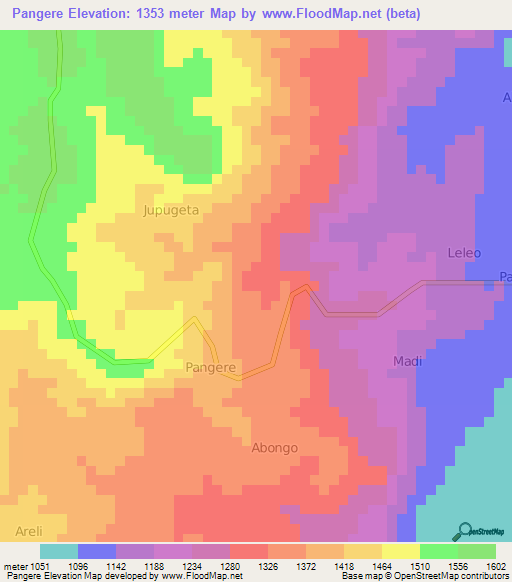 Pangere,Uganda Elevation Map