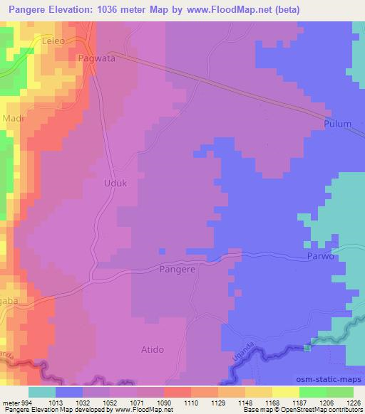 Pangere,Uganda Elevation Map