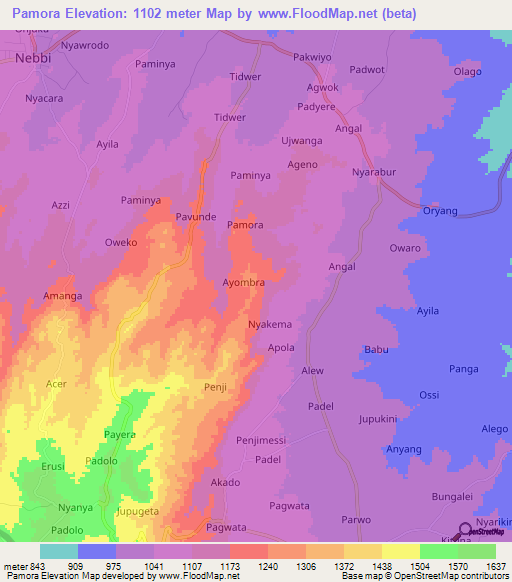 Pamora,Uganda Elevation Map