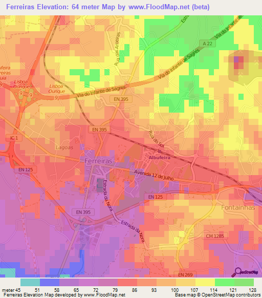 Ferreiras,Portugal Elevation Map