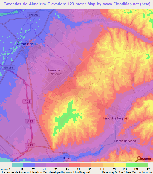 Fazendas de Almeirim,Portugal Elevation Map