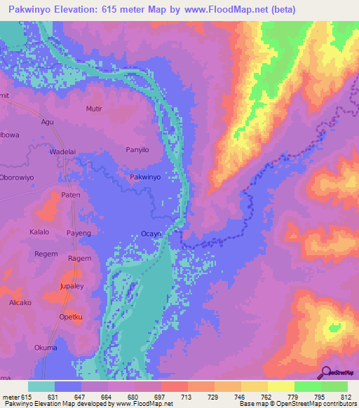 Pakwinyo,Uganda Elevation Map
