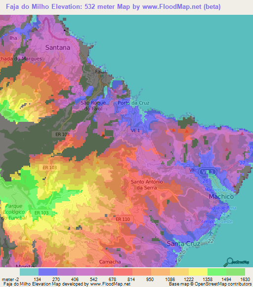 Faja do Milho,Portugal Elevation Map