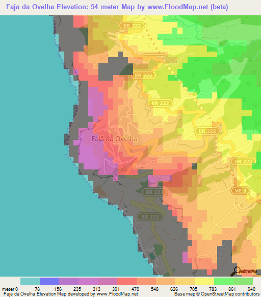 Faja da Ovelha,Portugal Elevation Map