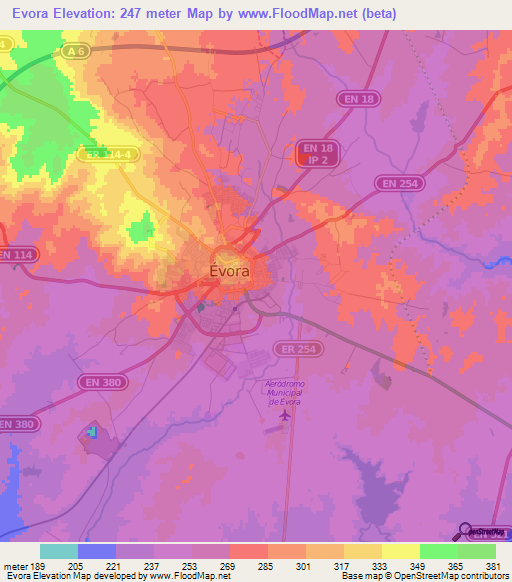 Evora,Portugal Elevation Map