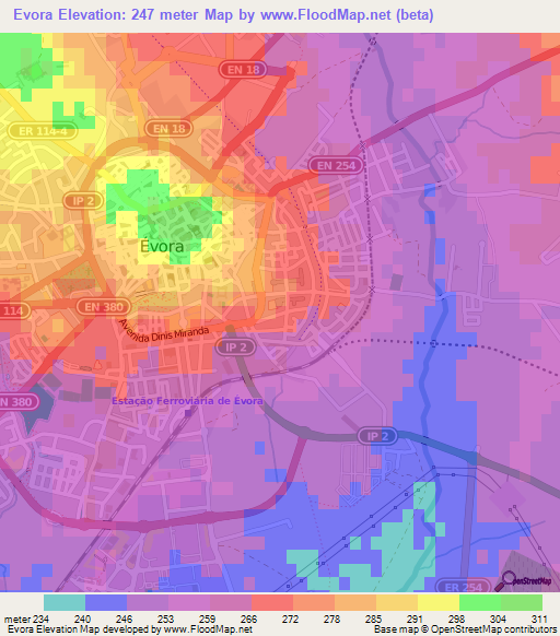 Evora,Portugal Elevation Map
