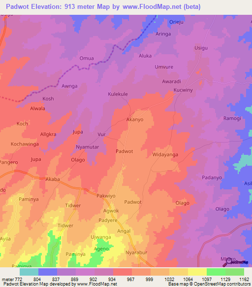 Padwot,Uganda Elevation Map