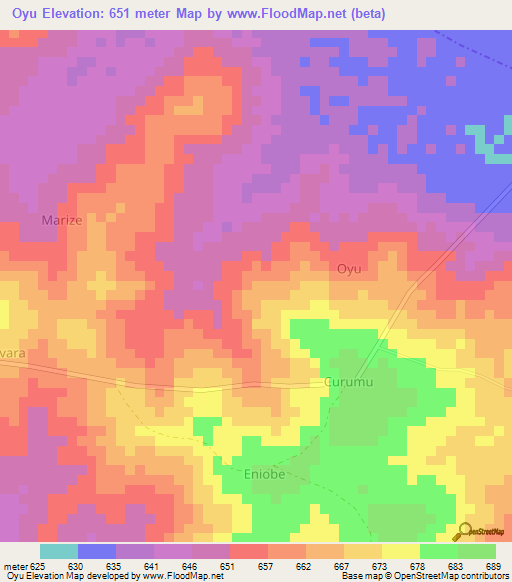 Oyu,Uganda Elevation Map