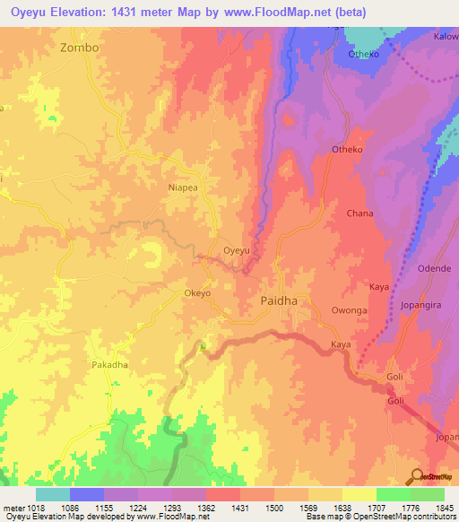 Oyeyu,Uganda Elevation Map