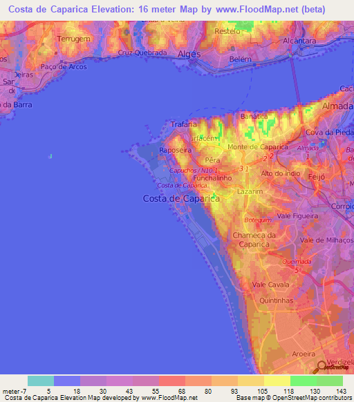 Costa de Caparica,Portugal Elevation Map