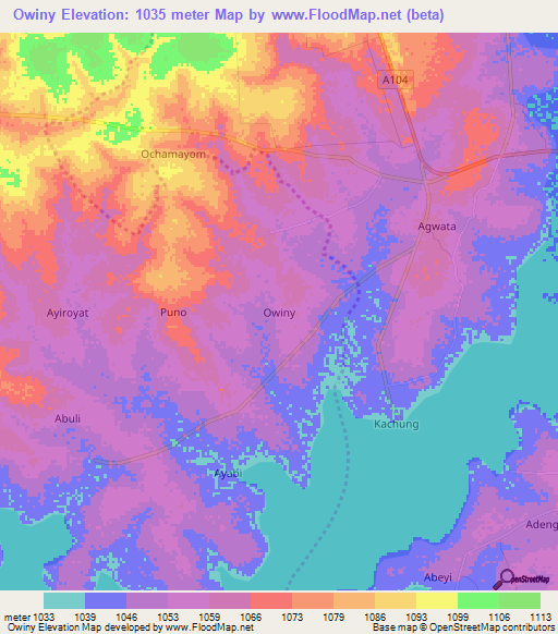 Owiny,Uganda Elevation Map