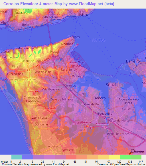 Corroios,Portugal Elevation Map