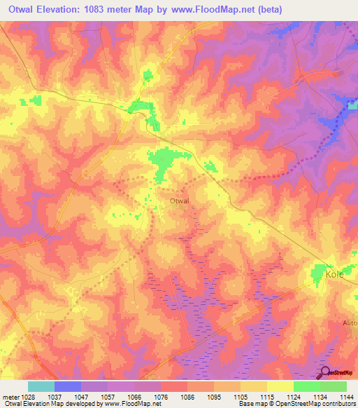 Otwal,Uganda Elevation Map